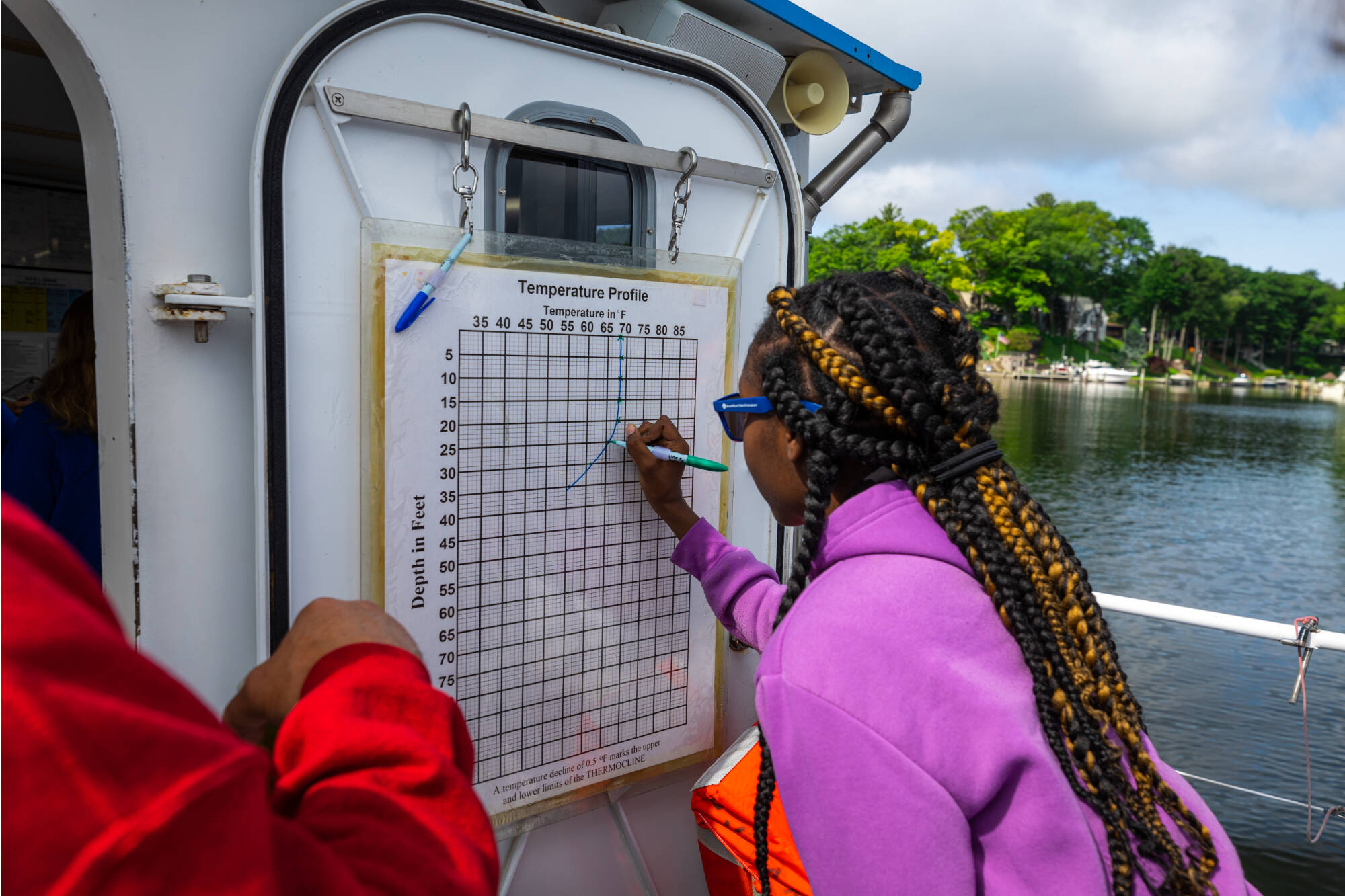 A student graphs temperature during a science cruise on the D.J. Angus research vessel.